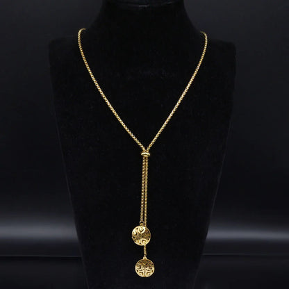 Long gold stainless steel necklace with heart detail.