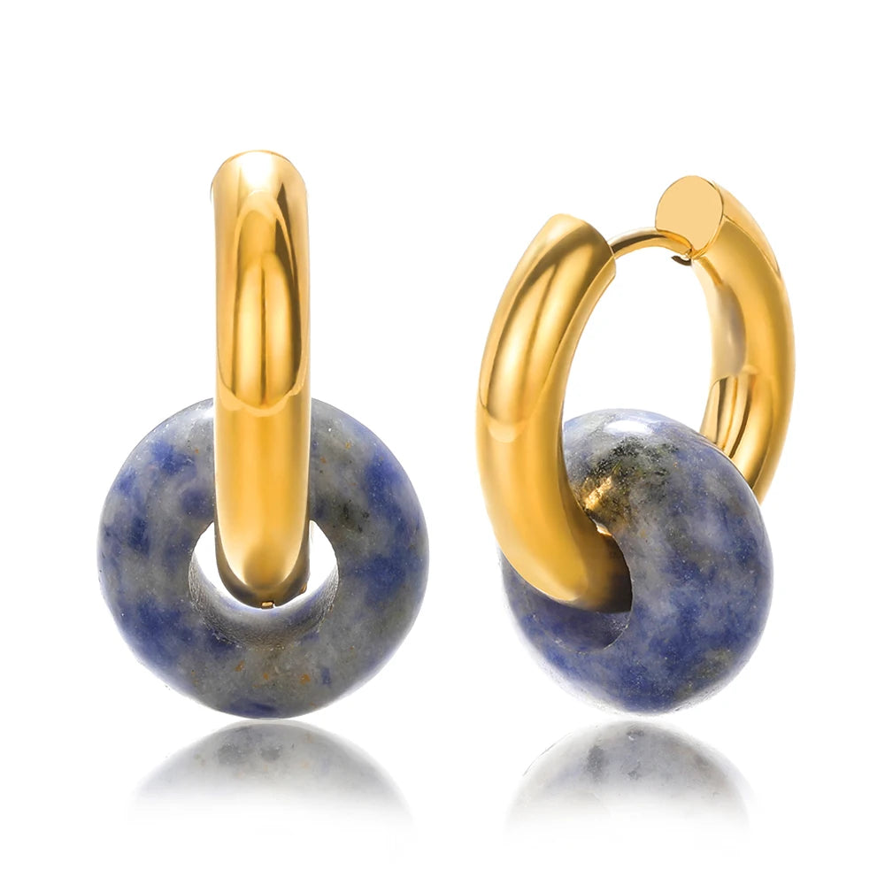 Natural stone dangle earrings. Round gold-colored opal and stainless steel earrings.