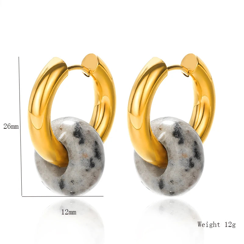 Natural stone dangle earrings. Round gold-colored opal and stainless steel earrings.