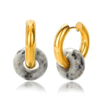 Natural stone dangle earrings. Round gold-colored opal and stainless steel earrings.