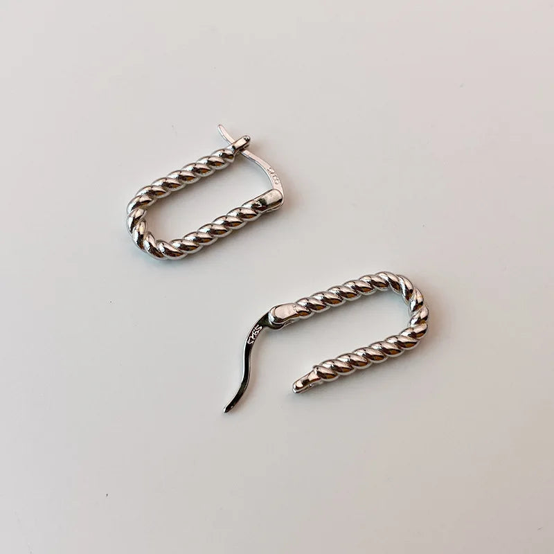 Silver earrings with long buckle.