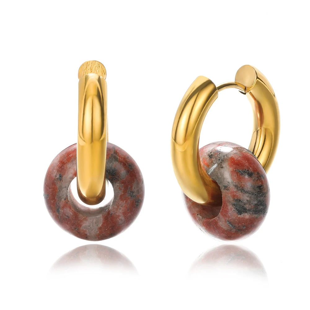 Natural stone dangle earrings. Round gold-colored opal and stainless steel earrings.